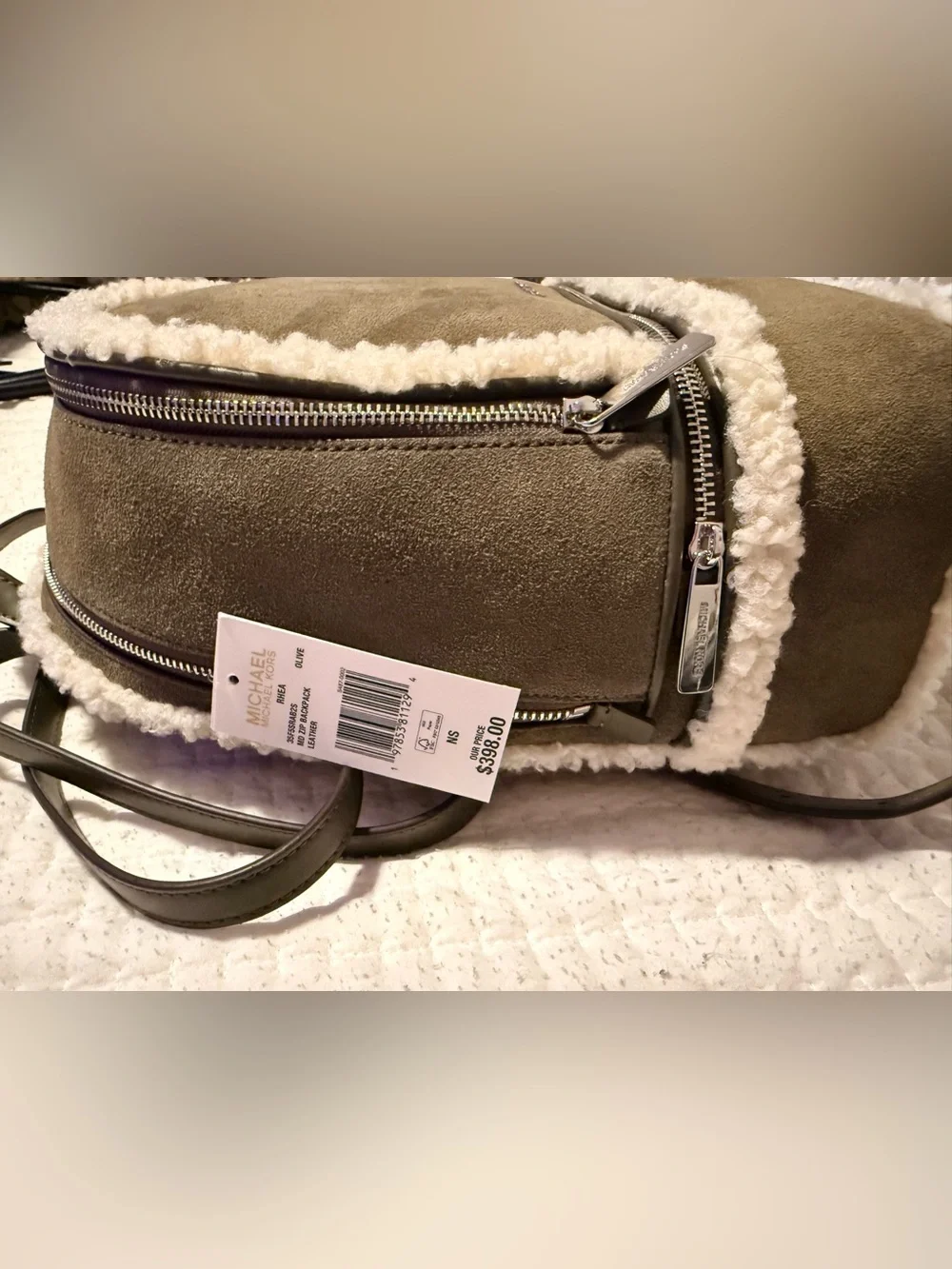 MICHAEL Michael Kors Taupe Suede Backpack with Cream Shearling Trim